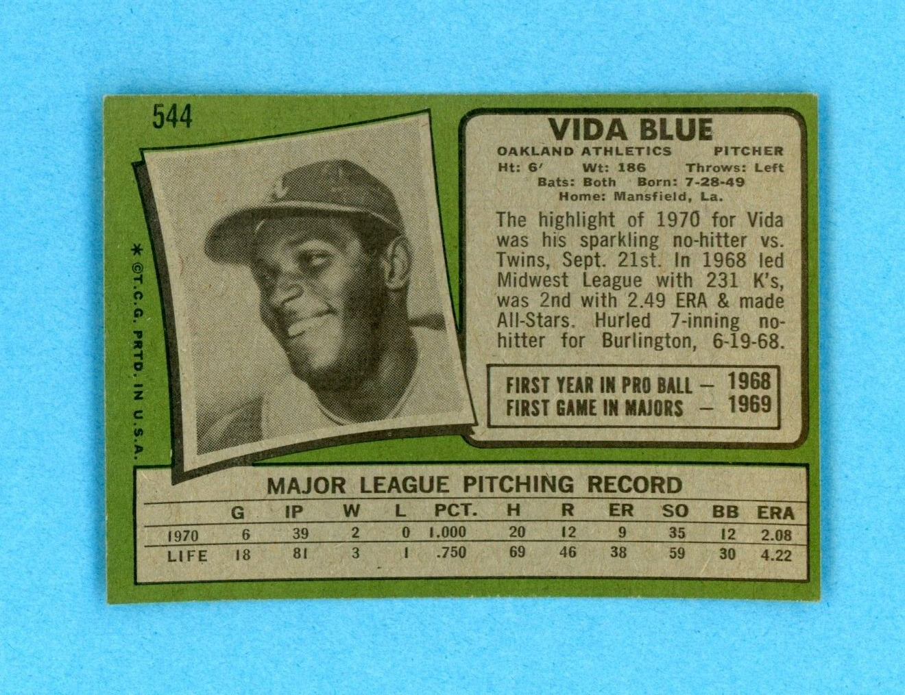 1971 Topps #544 Vida Blue Oakland A's Semi-High Number Baseball Card Ex/Mt - NM