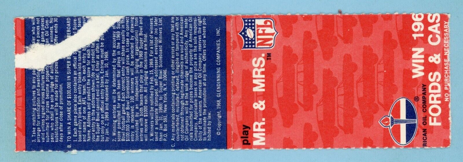 1968 American Oil Mr. & Mrs. Football Card Joe Morrison & Mrs. Billy Lothridge