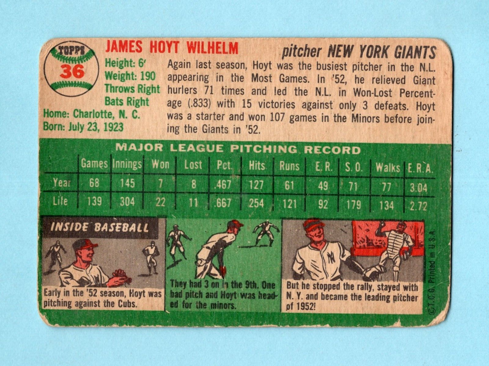 1954 Topps #36 Hoyt Wilhelm New York Giants Baseball Card Low Grade