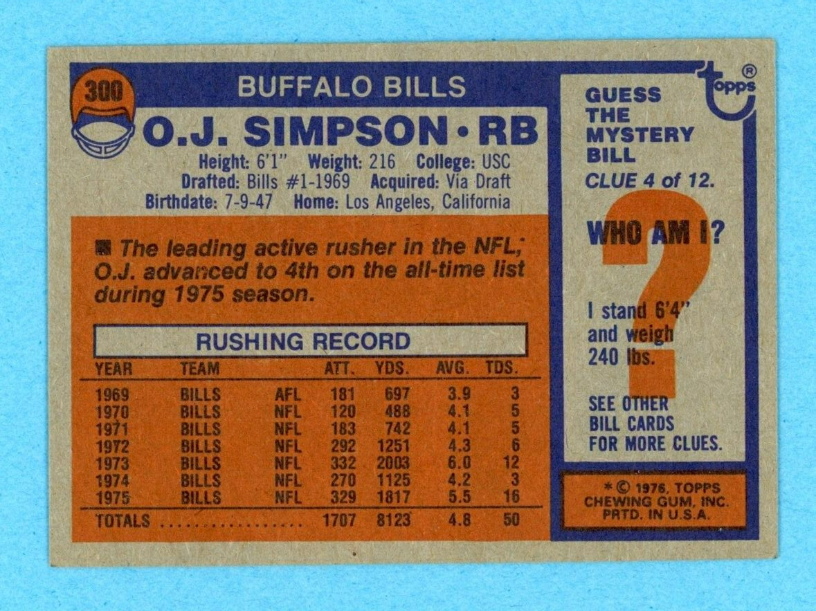 1976 Topps #300 O. J. Simpson Buffalo Bills Football Card EX+ - EX++