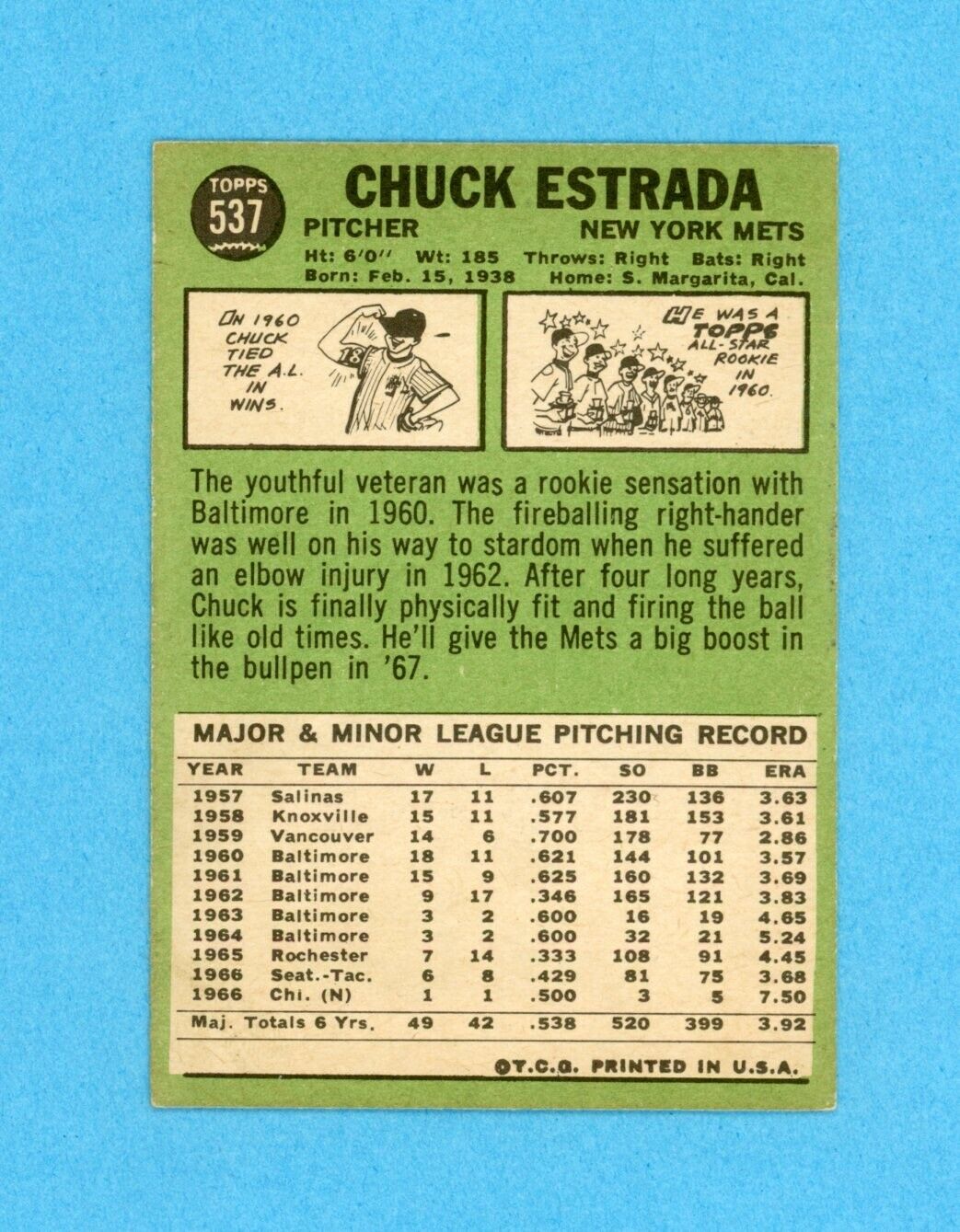 Chuck Estrada Signed 1967 Topps Card High #537 Auto with B&E Hologram