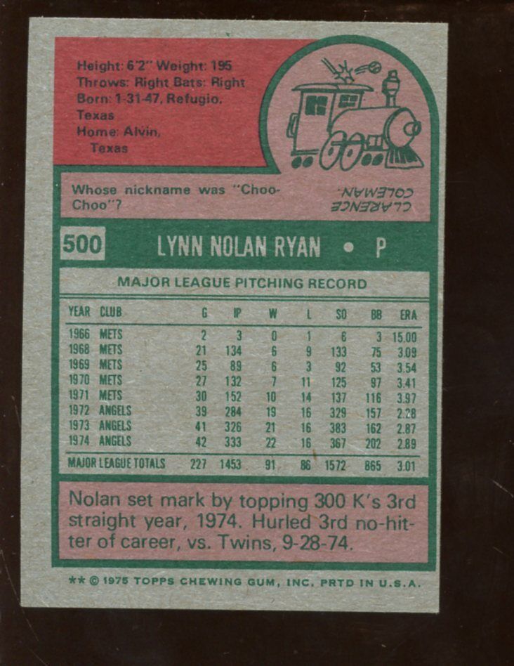 1975 Topps Baseball Card #500 Nolan Ryan D