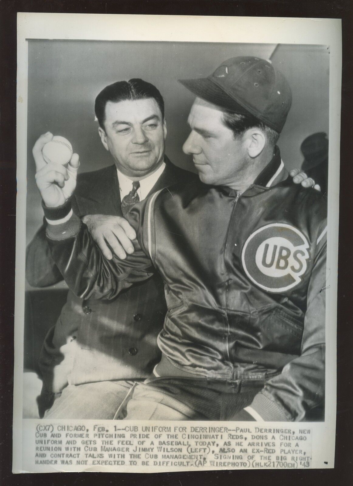 Original Feb 1 1943 Paul Derringer Chicago Cubs Wire Photo