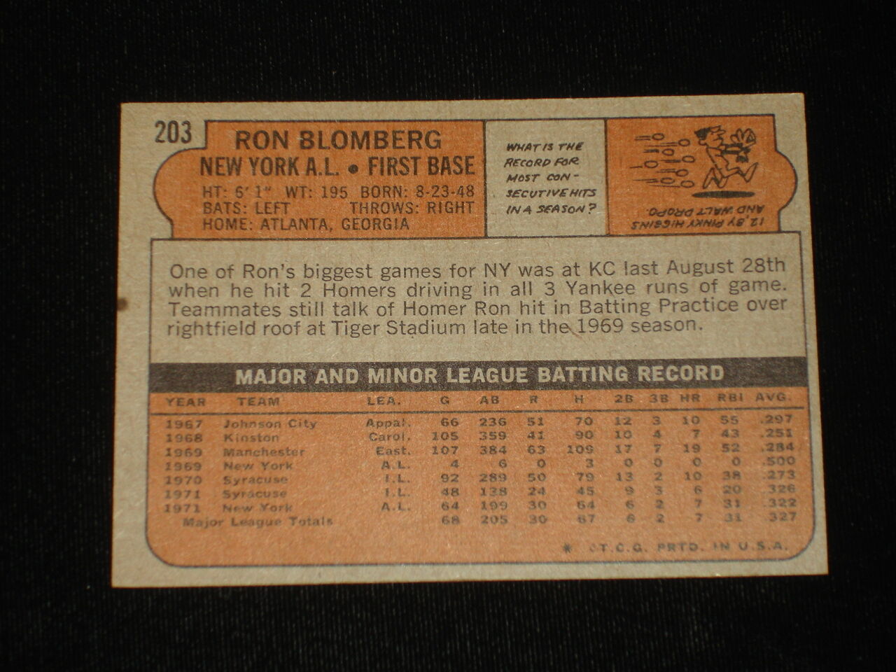 1972 Topps Ron Blomberg NY Yankees Signed Baseball Card - Card #203 - EX