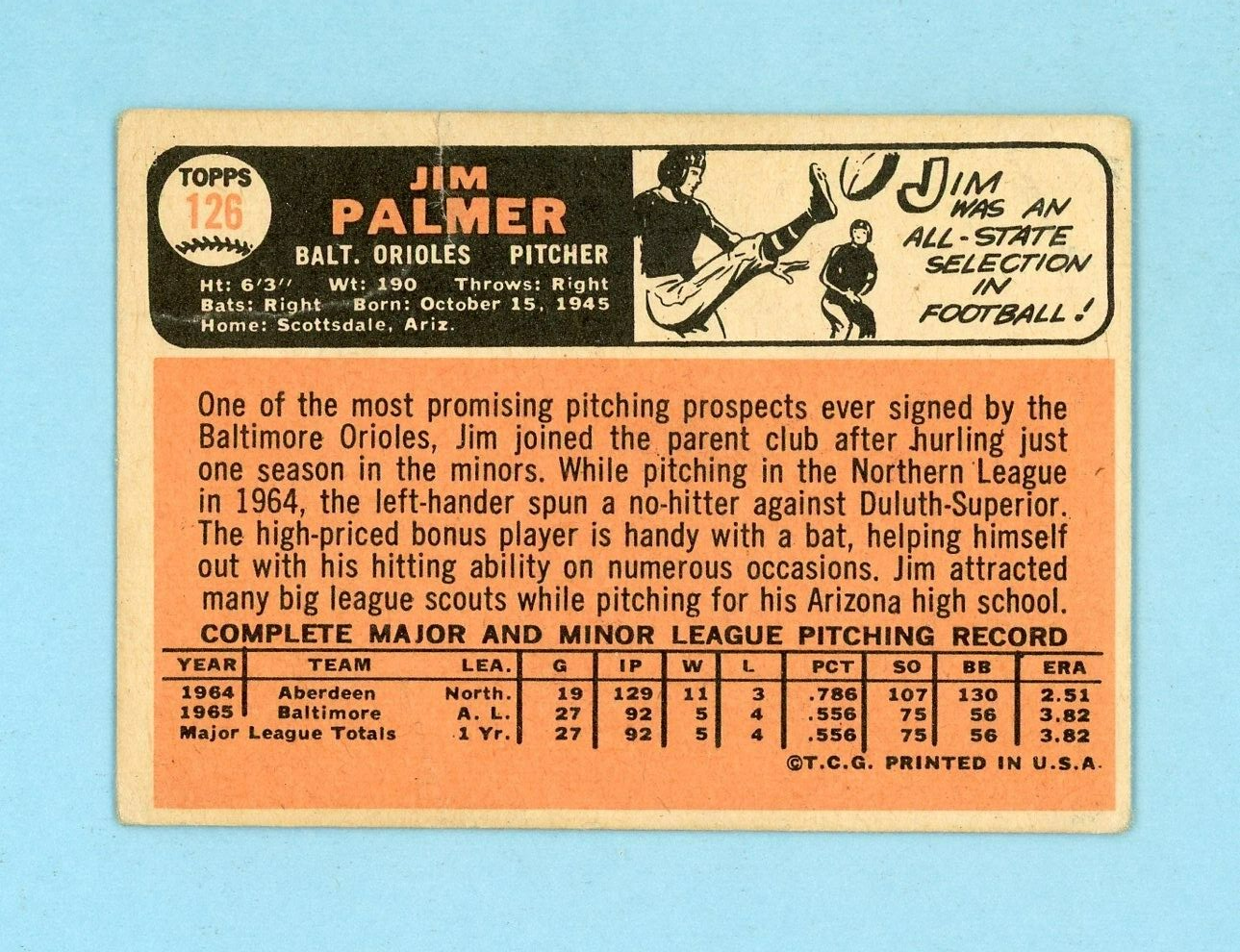 1966 Topps #126 Jim Palmer Baltimore Orioles Rookie Baseball Card Low Grade