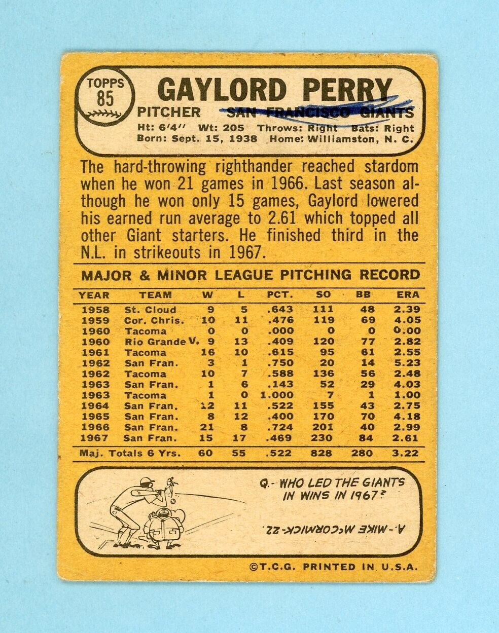 1968 Topps #85 Gaylord Perry San Francisco Giants Baseball Card Low Grade