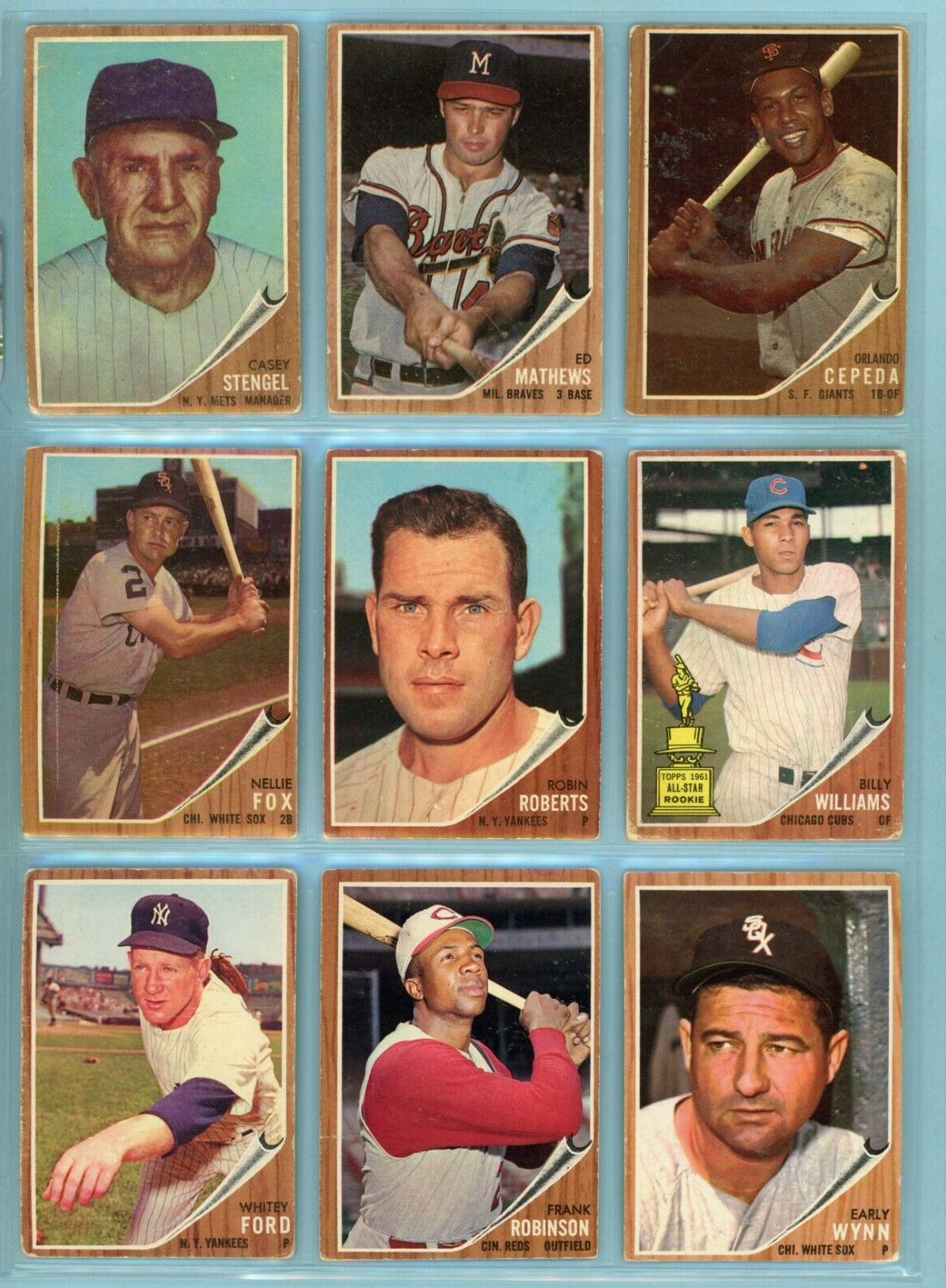 1962 Topps Lot of 9 Different Hall of Famer Baseball Cards Low Grade