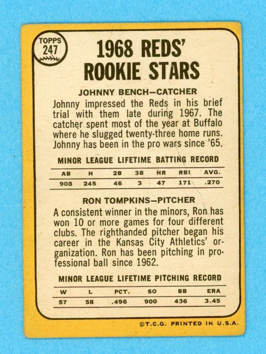 1968 Topps #247 Johnny Bench Cincinnati Reds Rookie Baseball Card Low Grade