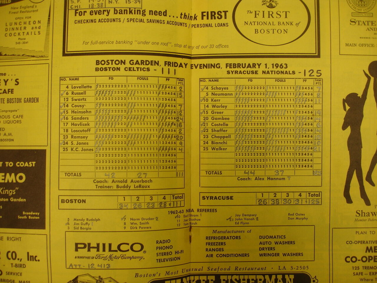 February 1, 1963 Cincinnati vs. San Francisco, Syracuse @ Boston Celtics Program