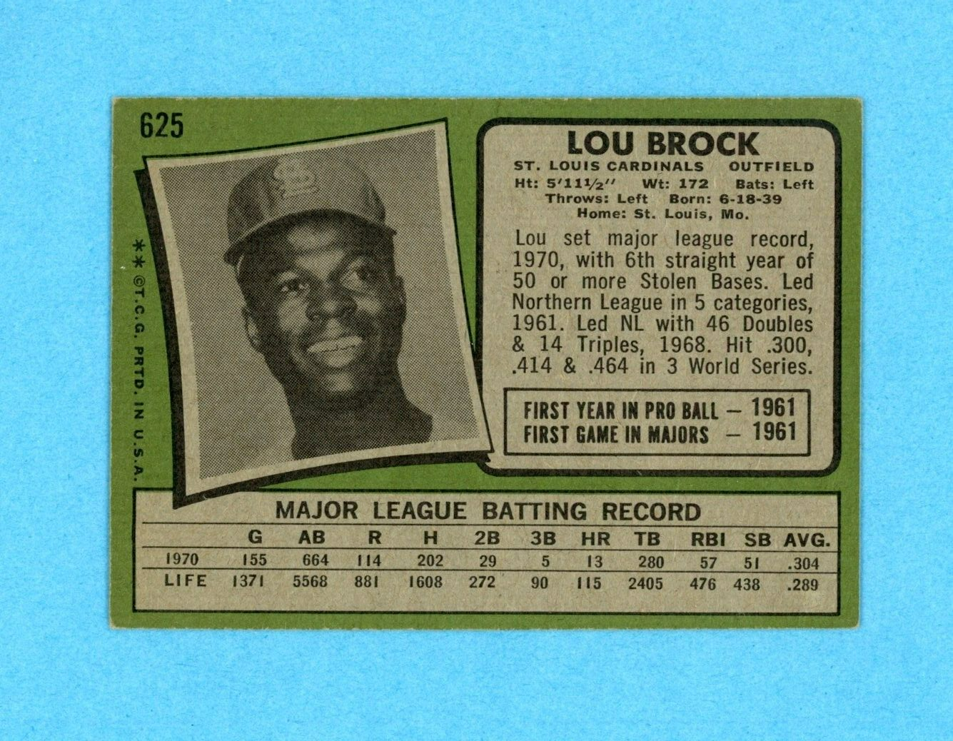 1971 Topps #625 Lou Brock St. Louis Cardinals Semi-High Number Baseball Card V/E