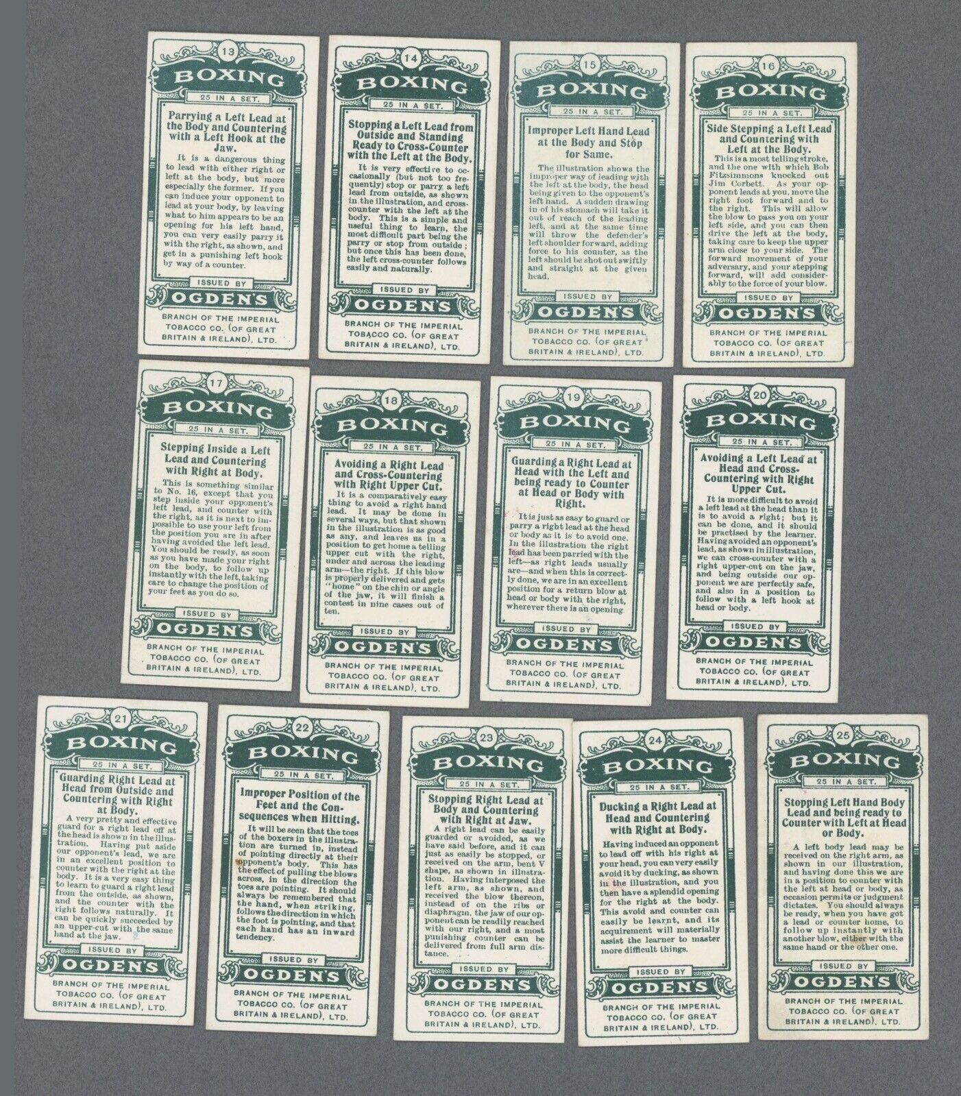 1914 Ogden's Boxing Complete Tobacco Card Set of 25 ex-mt