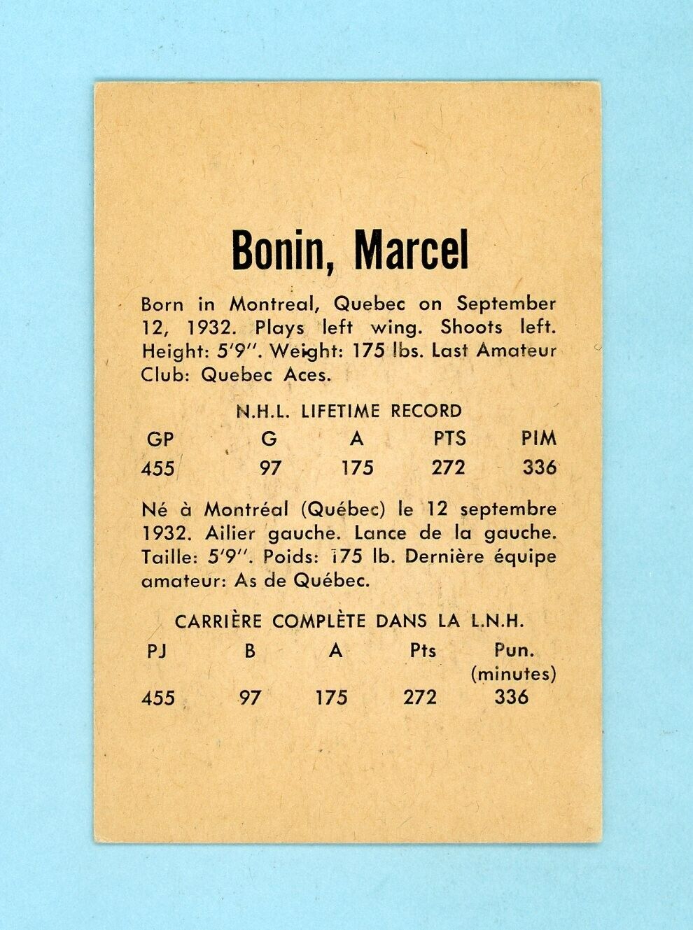 1962-63 Parkhurst #45 Marcel Bonin Montreal Canadiens Hockey Card EX+