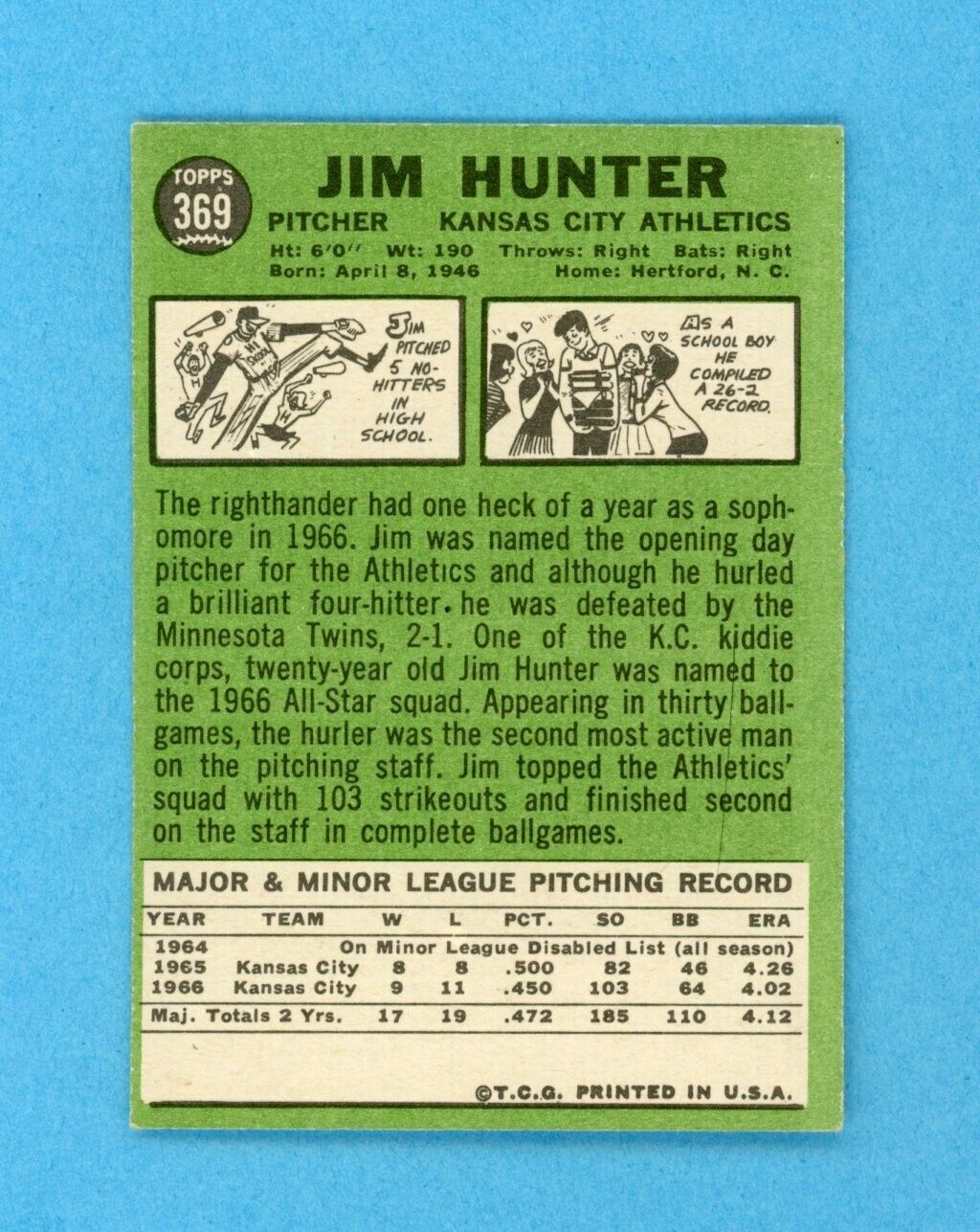 1967 Topps #369 Jim Catfish Hunter KC Athletics Baseball Card EX-EX+ gsf ind