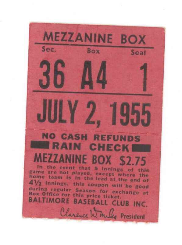 July 2, 1955 Boston Red Sox vs Baltimore Orioles Ticket Stub