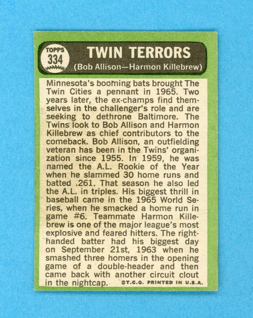 1967 Topps #334 Twin Terrors Minnesota Twins Baseball Card EX+-Ex/Mt ap wk/cr bl