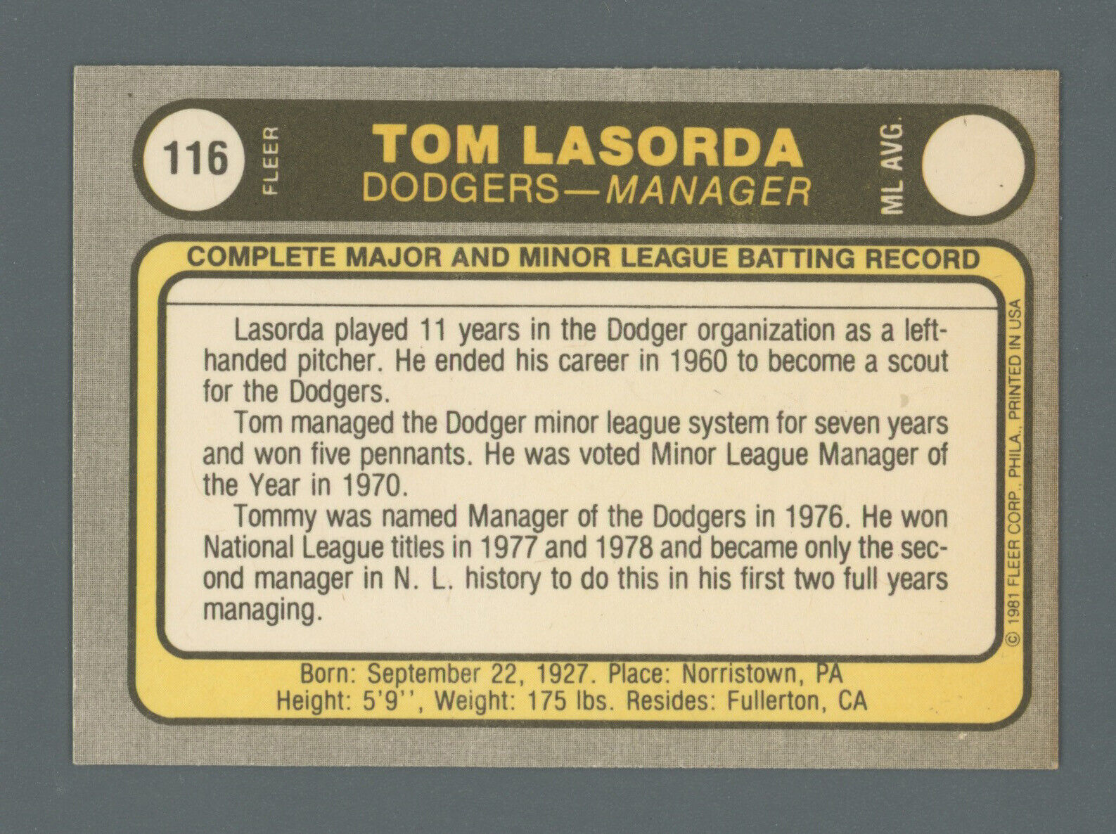 Tom Lasorda LA Dodgers Signed 1981 Fleer Card #116 Auto with B&E Hologram