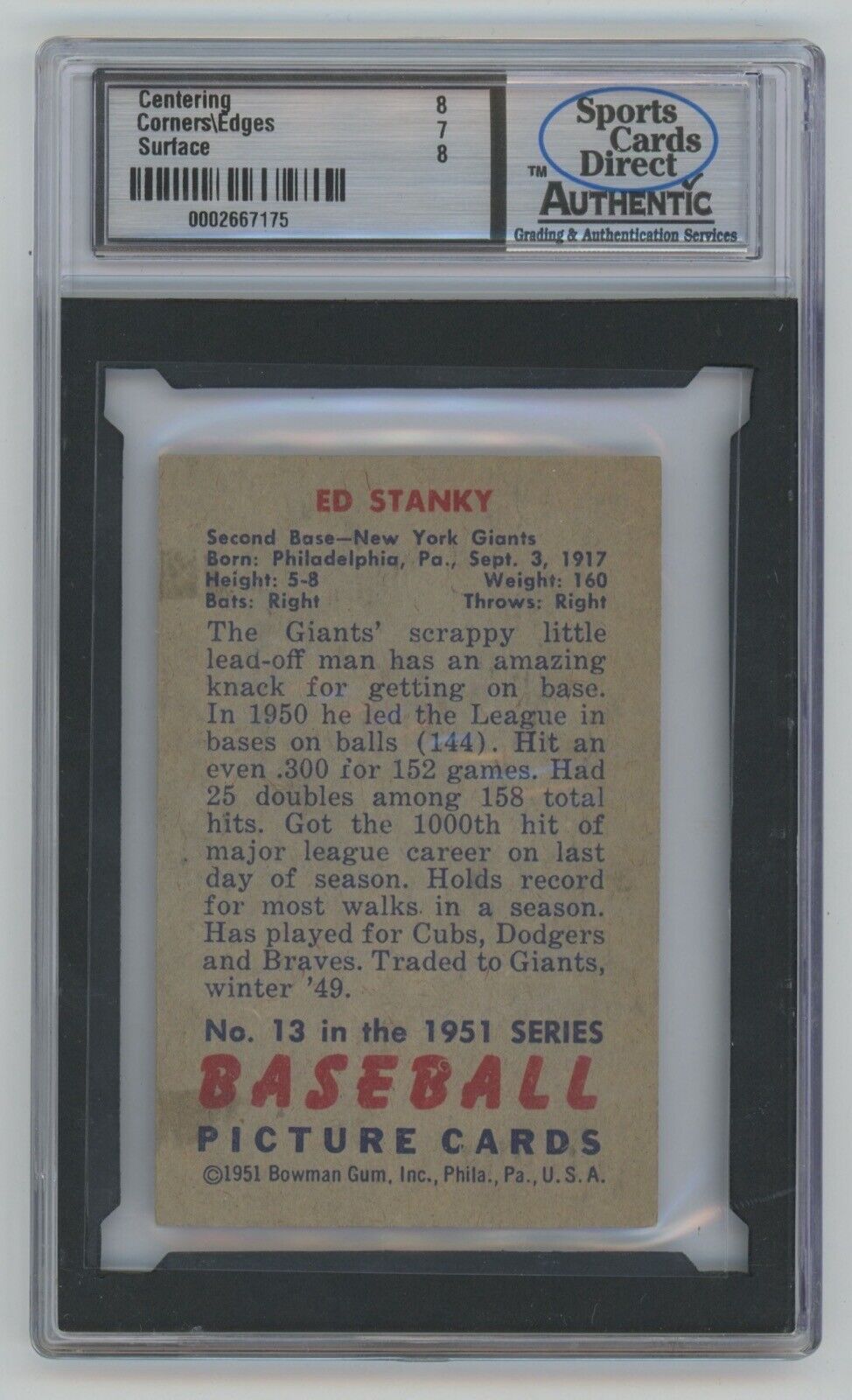 Ed Stanky 1951 Bowman #13 • SCD 7.5 NM