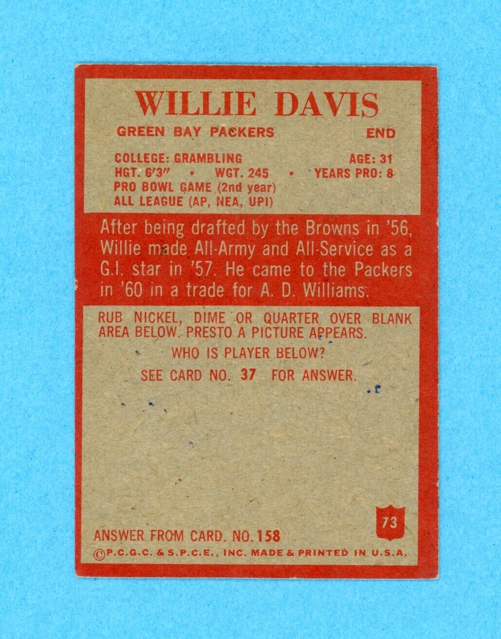 Willie Davis HOF '81 1965 Philadelphia  Card #73 Auto with B&E Hologram