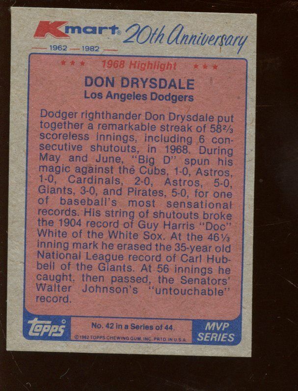 1982 Topps KMart Baseball Card #42 Don Drysdale Autographed EXMT