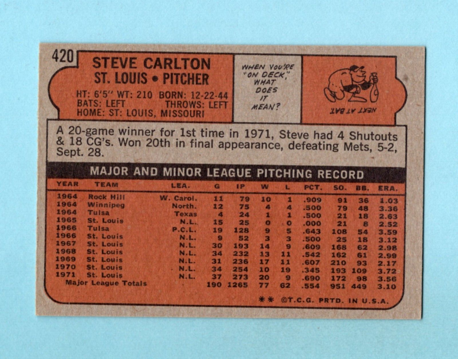 1972 Topps #420 Steve Carlton St. Louis Cardinals Baseball Card NM