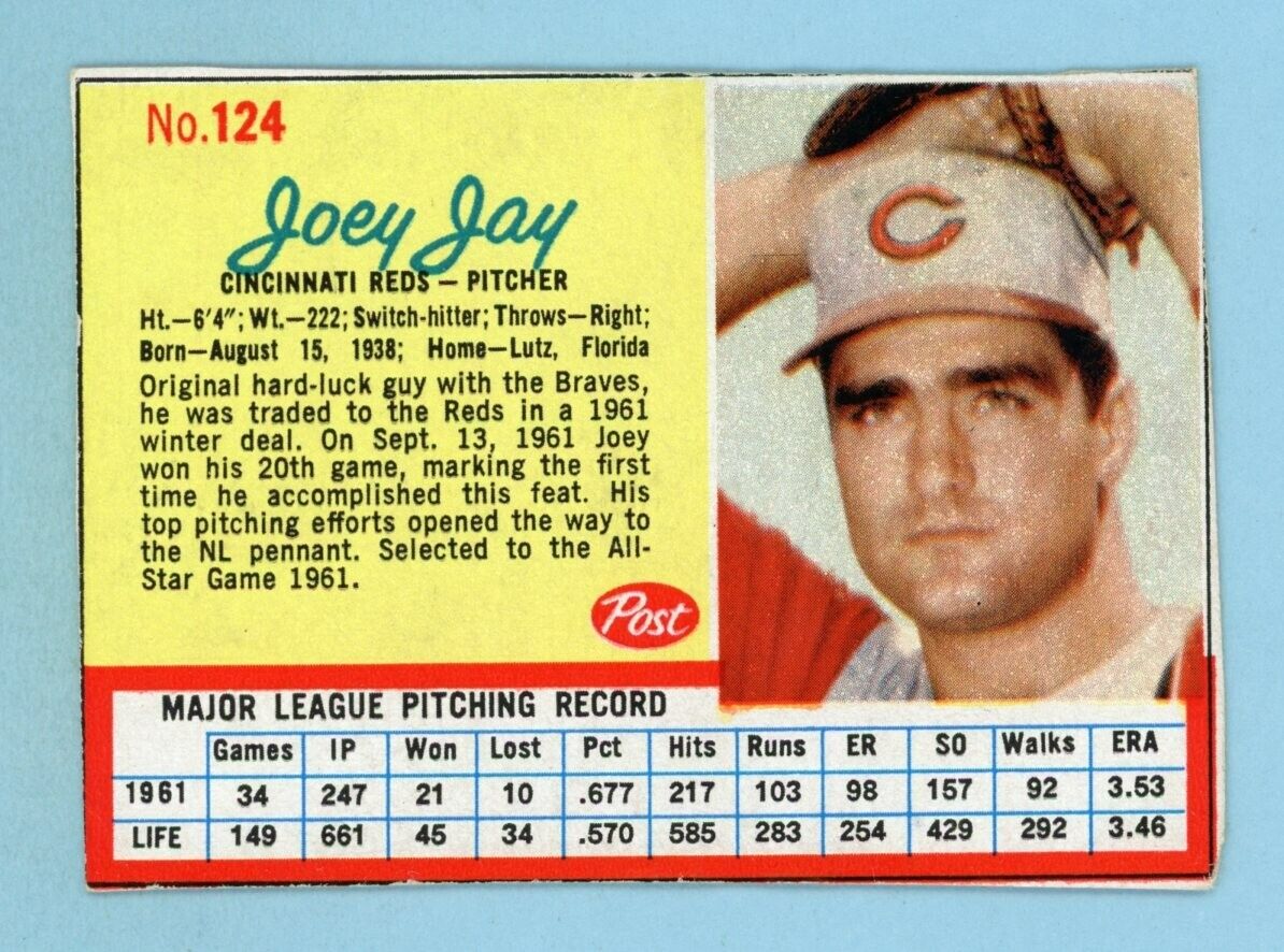 1962 Post Cereal #124 Joey Jay Cinn Reds Baseball Card blue lines variation