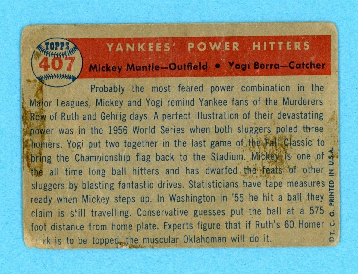 1957 Topps #407 Yankees Power Hitters Mantle - Berra Baseball Card Low Grade