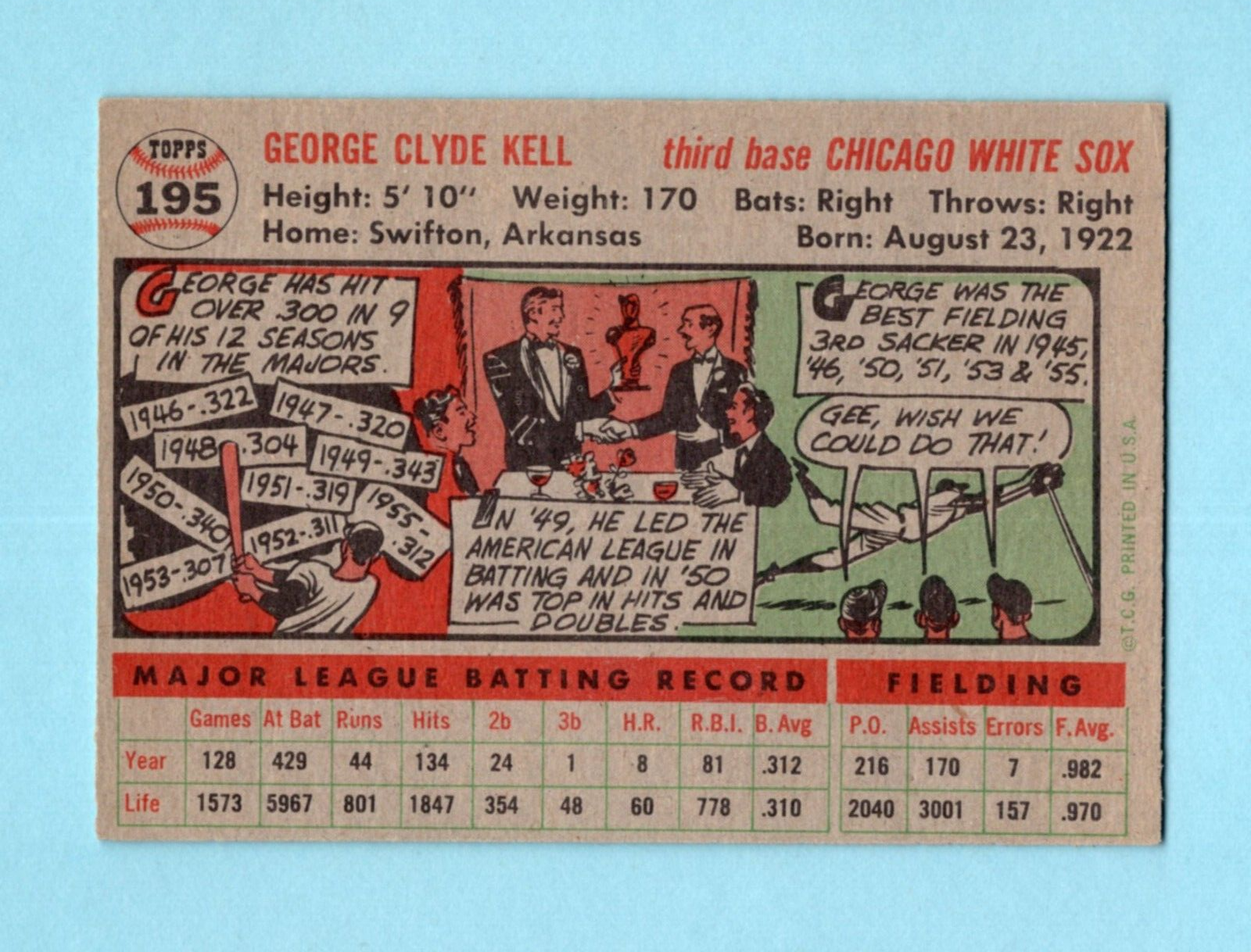 1956 Topps #195 George Kell Chicago White Sox Baseball Card NM lsof