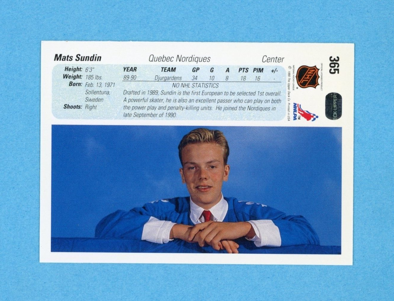 Mats Sundin Que Nordiques 1990-91 Upper Deck #365 Autographed Rookie Hockey Card