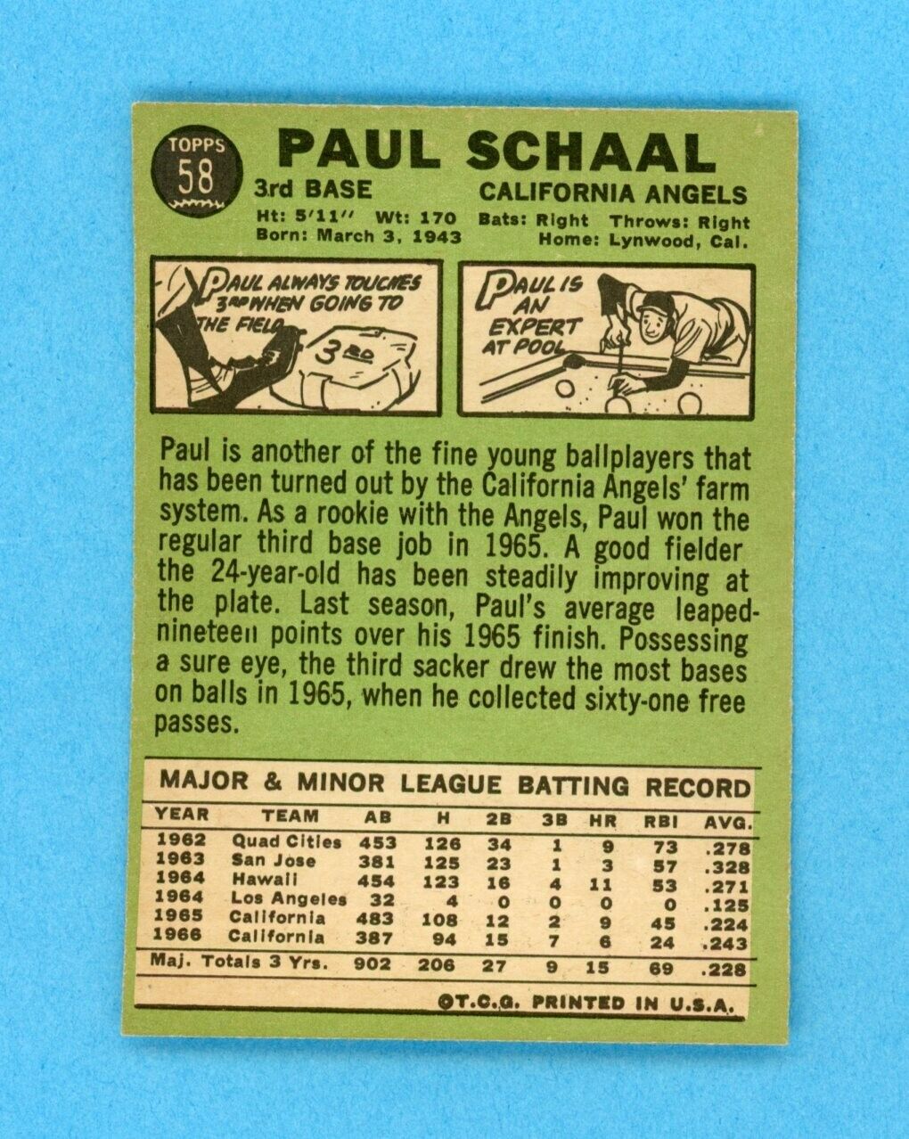 1967 Topps #58 Paul Schaal Calif Angels Baseball Card EM-NM o/c Green Bat vari