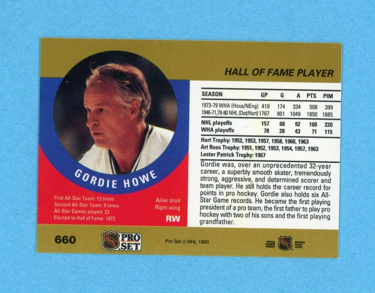 Gordie Howe New England Whalers 1990-91 NHL Pro Set #660 Autographed Hockey Card