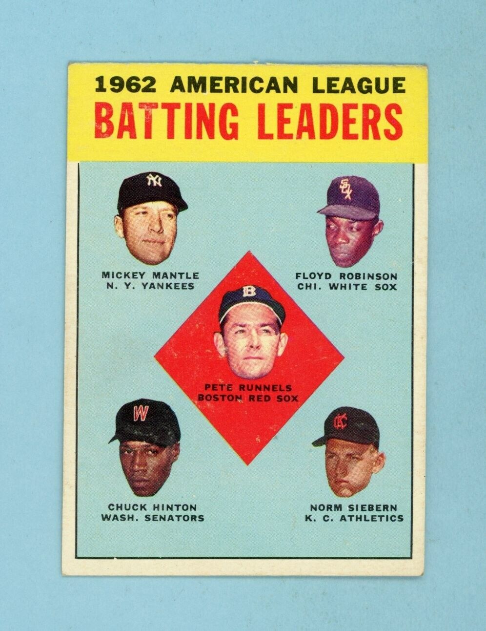 1963 Topps #2 1962 AL Batting Leaders Mantle & others Baseball Card Low Grade