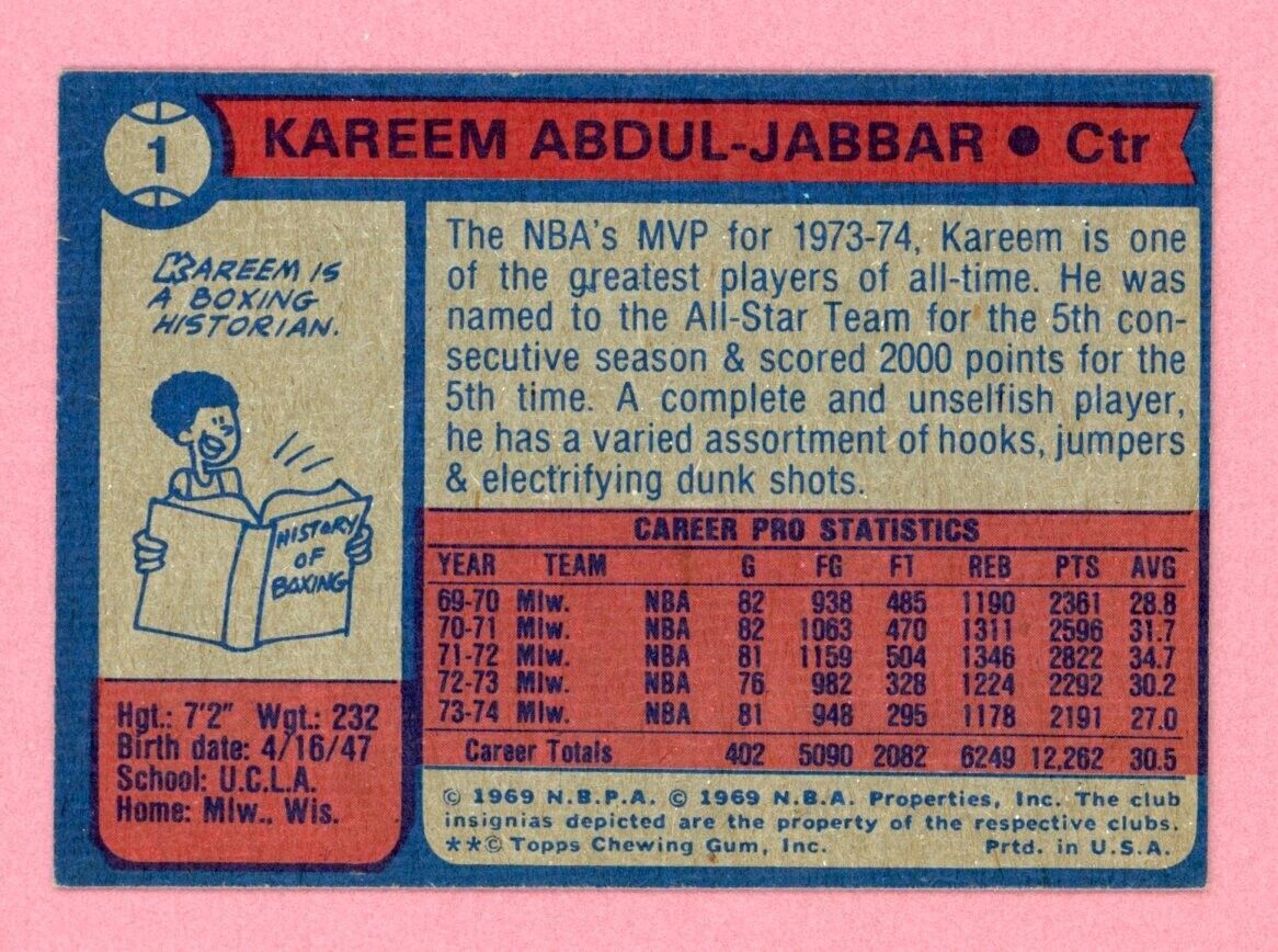 1974-75 Topps #1 Kareem Abdul-Jabbar Milwaukee Bucks Basketball Card Ex/Mt