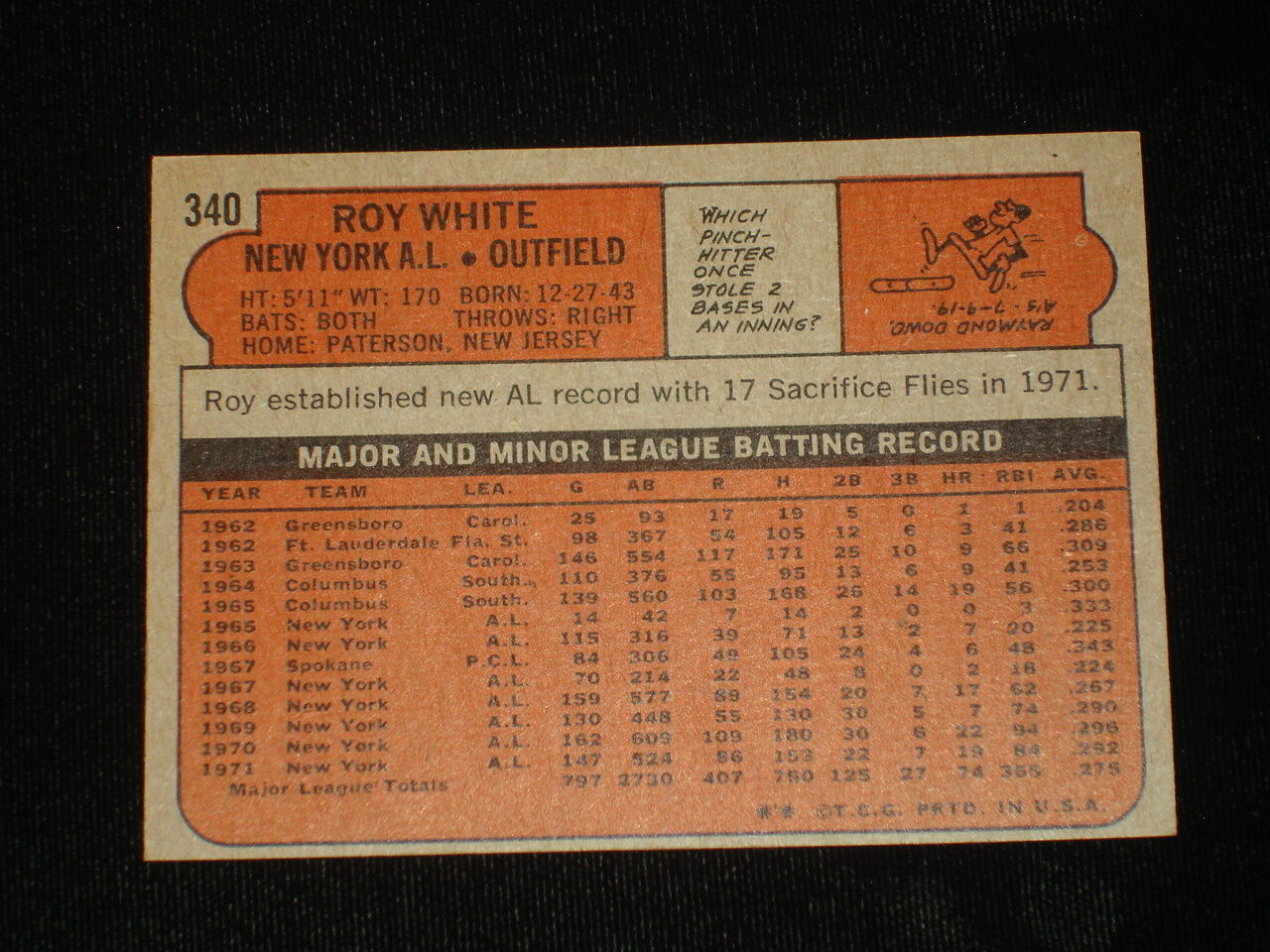 1972 Topps Roy White NY Yankees Signed Baseball Card - Card #340 - EX/MT