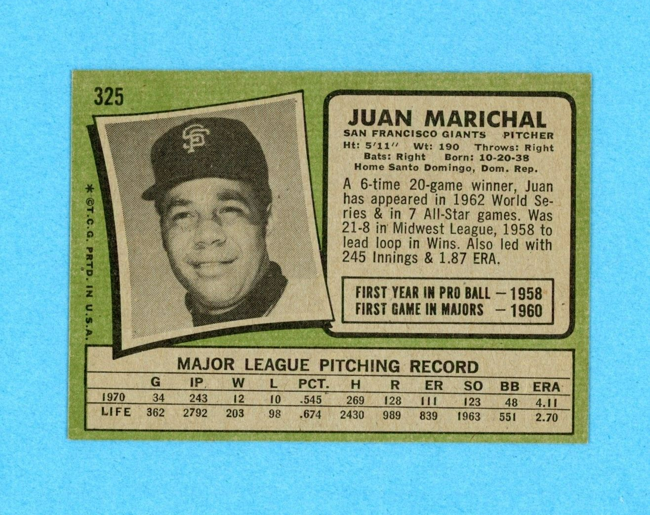 1971 Topps #325 Juan Marichal San Francisco Giants Baseball Card Ex/Mt