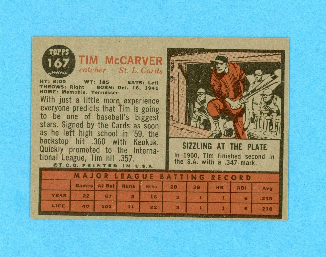 1962 Topps #167 Tim McCarver St. Louis Cardinals Rookie Baseball Card Ex-Ex+