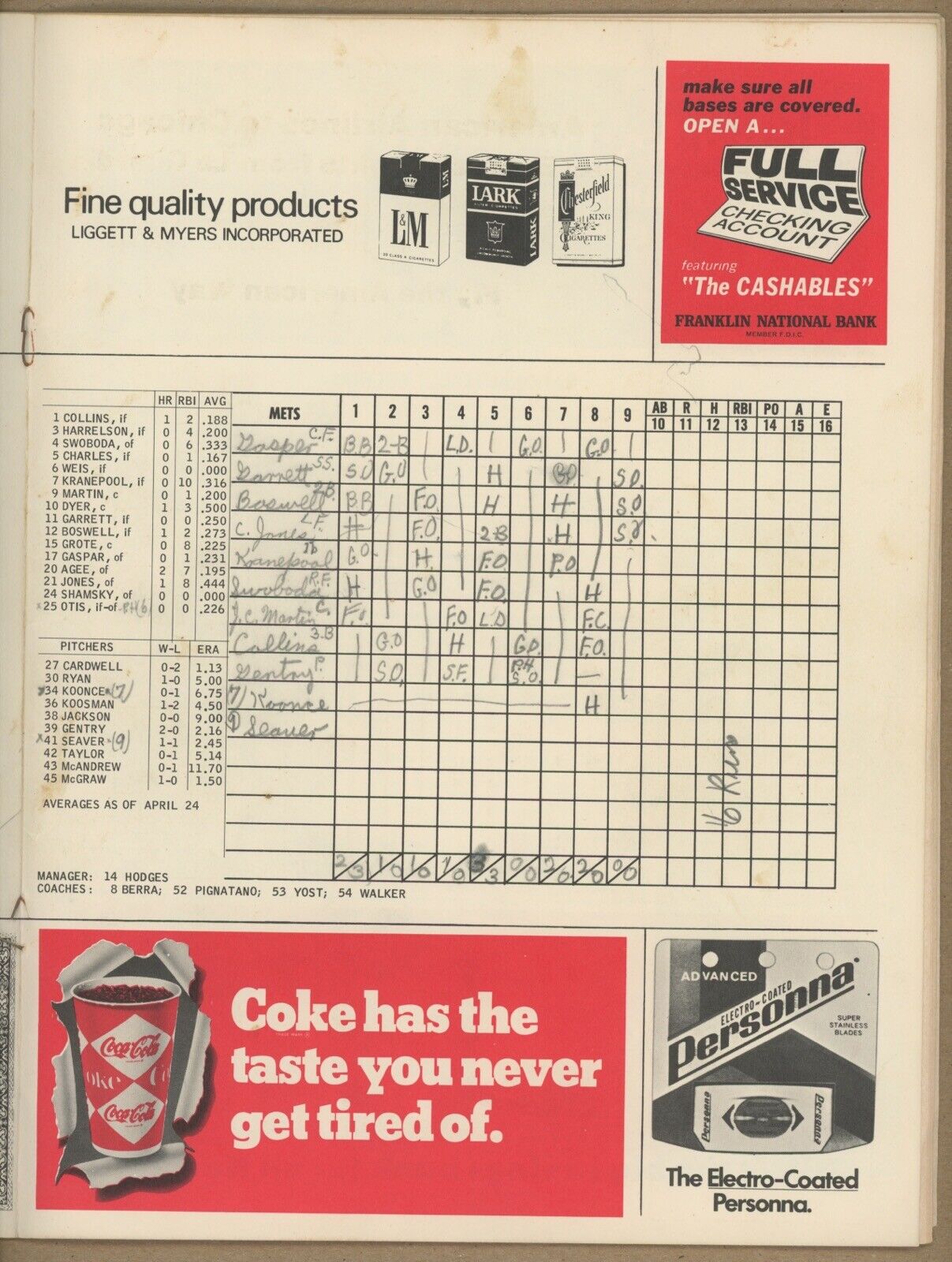 April 27, 1969 NY Mets vs Chicago Cubs Program at Shea Stadium • Neatly Scored