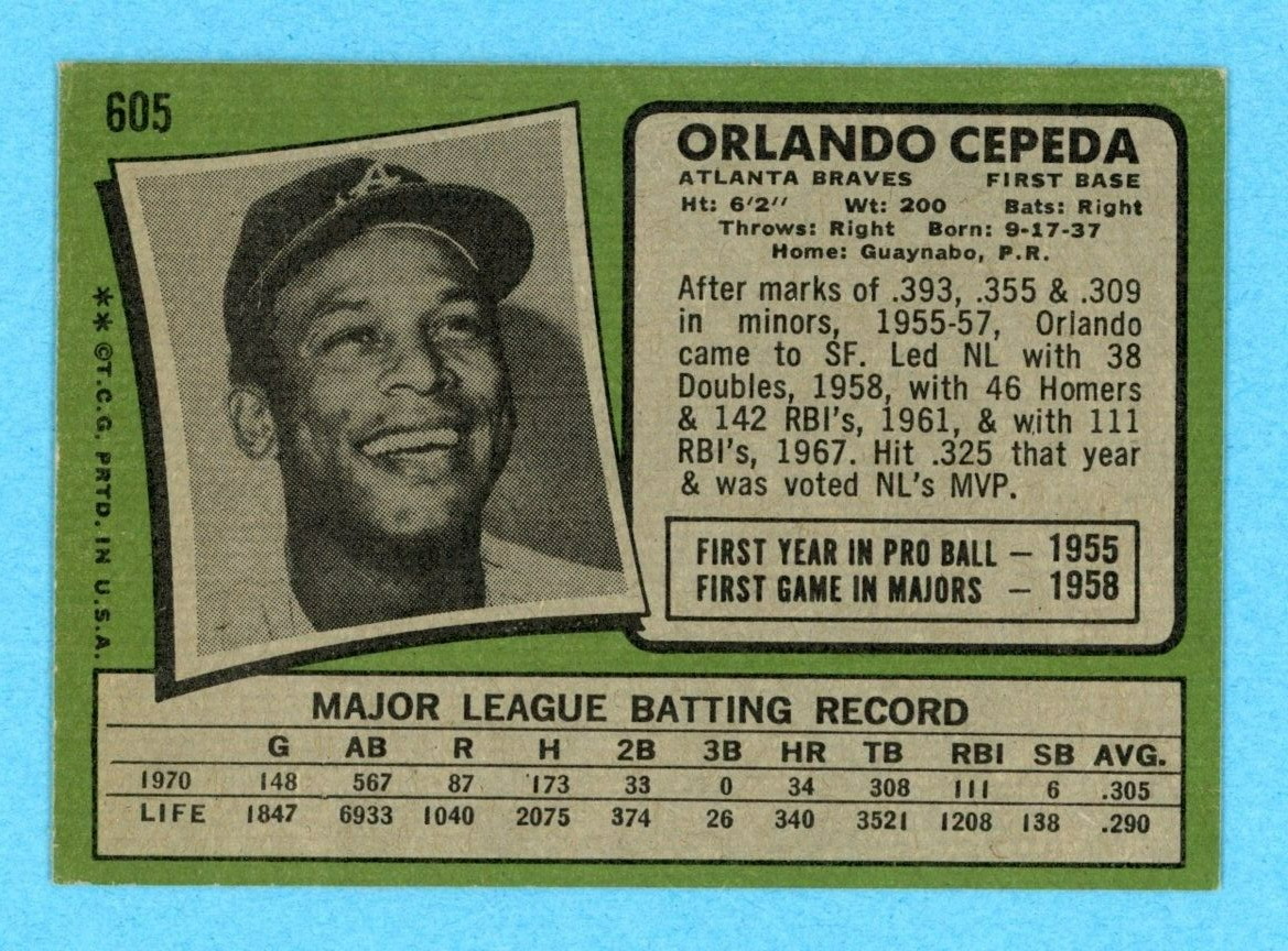 1971 Topps #605 Orlando Cepeda Atlanta Braves Semi-High Number Baseball Card EX+