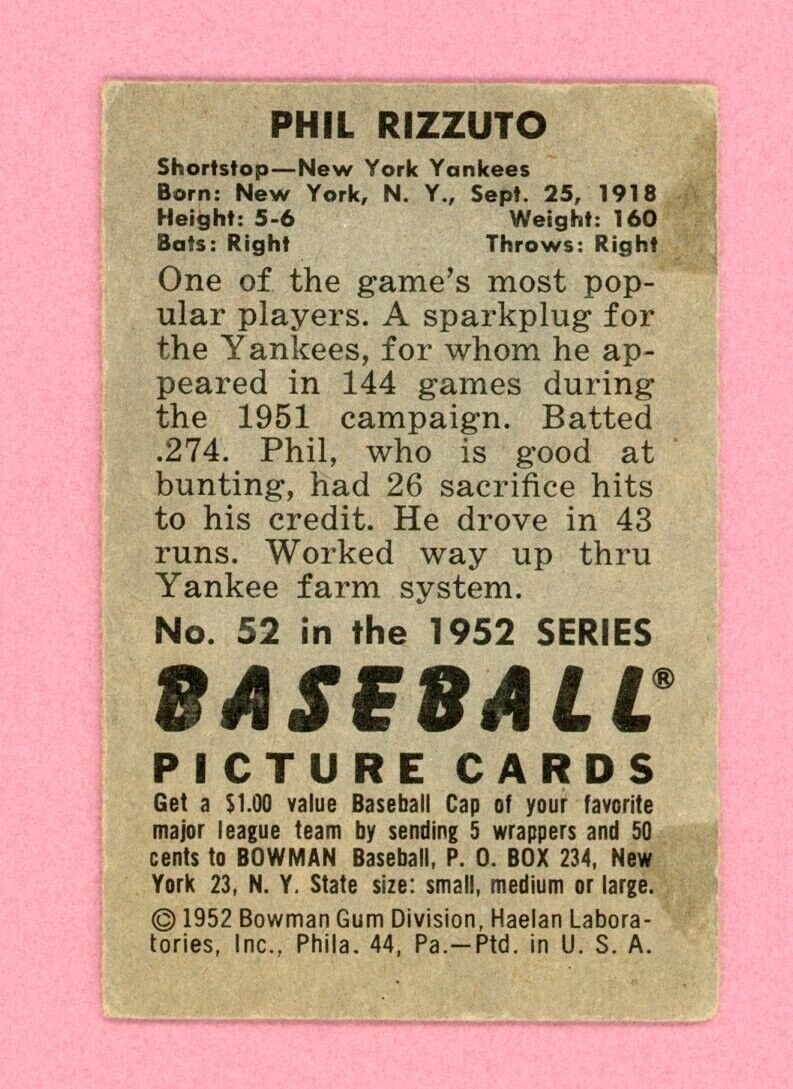 1952 Bowman #52 Phil Rizzuto New York Yankees Baseball Card VG+-Vg/Ex