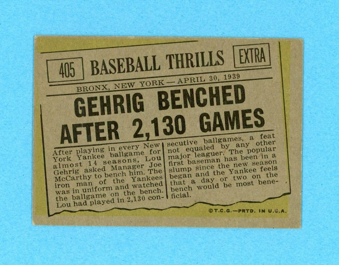 1961 Topps #405 Gehrig Benched After 2,130 Games Baseball Card EX o/c