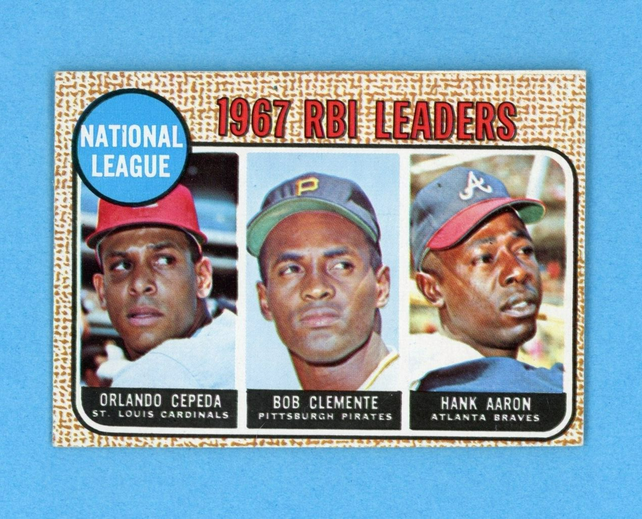 1968 Topps #3 1967 RBI Leaders Cepeda, Clemente, Aaron Baseball Card NM dia shp