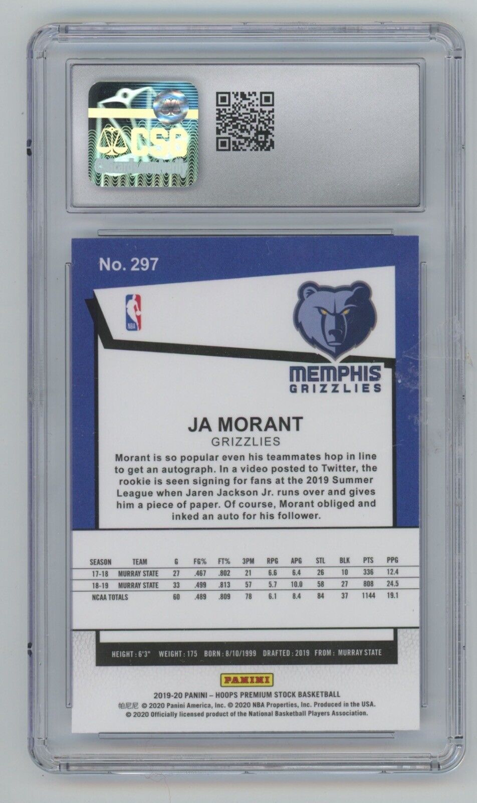 2019-20 Panini Premium Stock • Ja Morant Rookie Card #297 • CSG 9 Mint