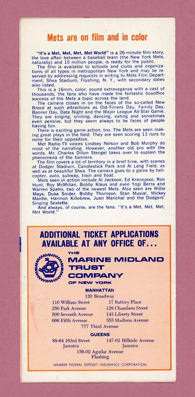 1965 New York Mets Spring Training Roster, New Faces & Ticket Infor Fold Out