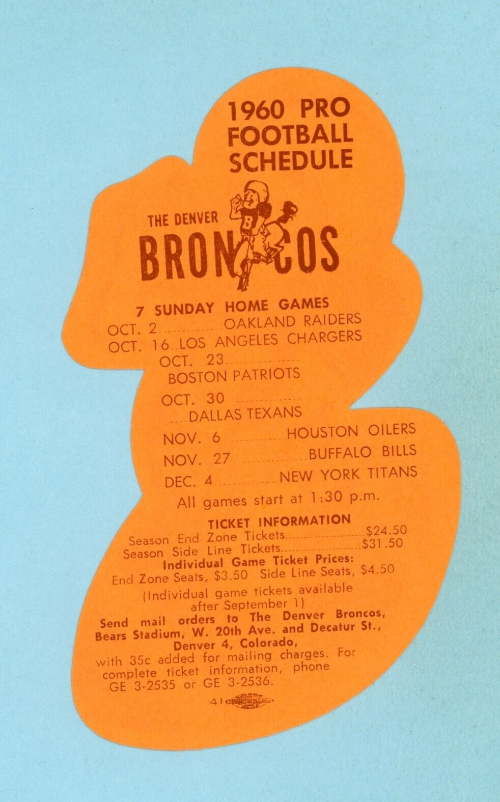 1960 Denver Broncos Home Schedule & Ticket Info. Decal Emblem - 1st Season AFL