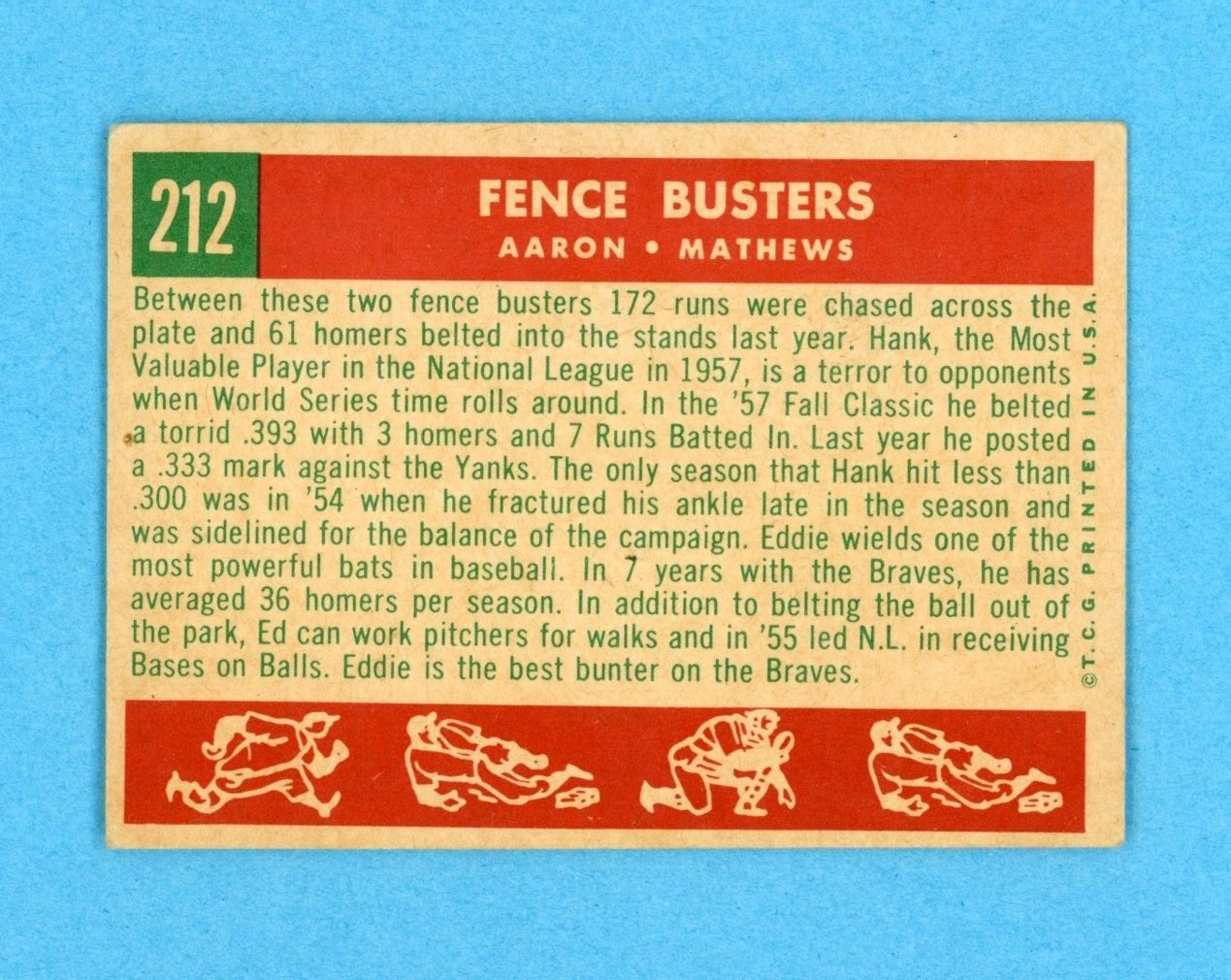 1959 Topps #212 Fence Busters Aaron - Mathews Baseball Card EX