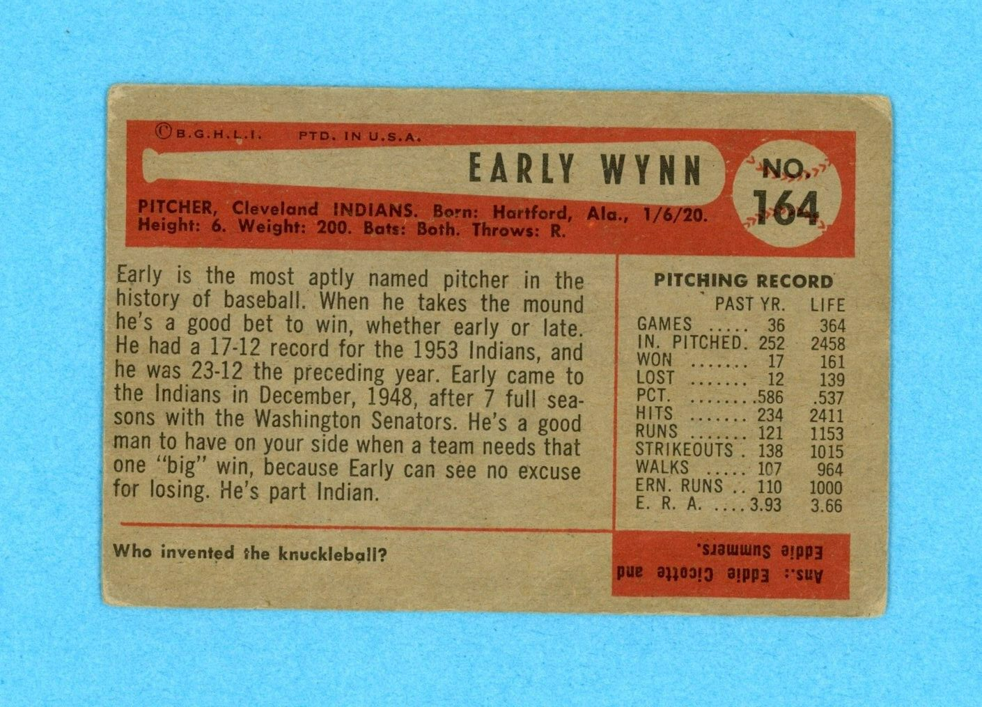 1954 Bowman #164 Early Wynn Cleveland Indians Baseball Card VG+