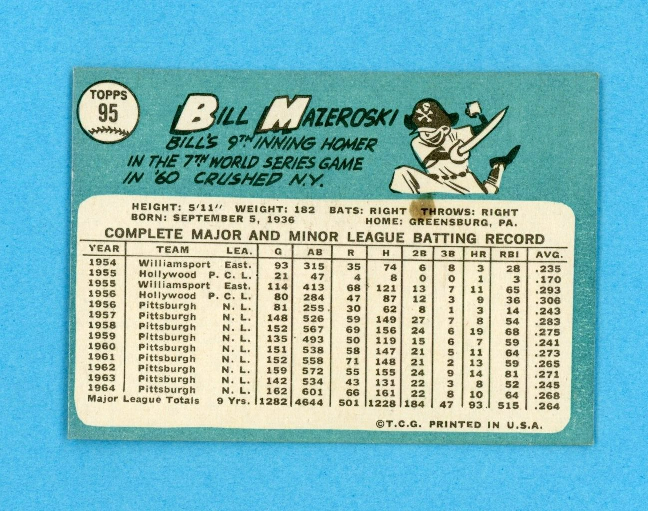 1965 Topps #95 Bill Mazeroski Pittsburgh Pirates Baseball Card NM o/c stain