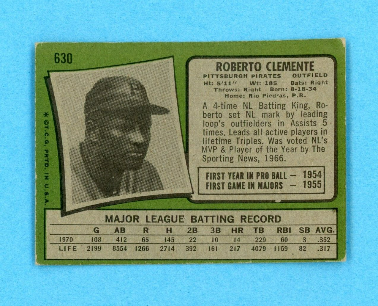 1971 Topps #630 Roberto Clemente Pittsburgh Pirates Baseball Card Vg/Ex o/c