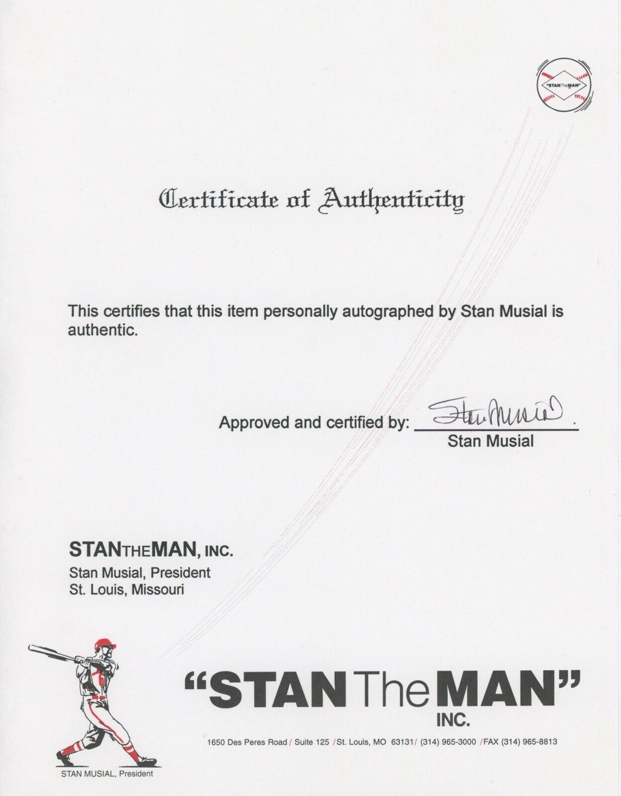 Stan Musial Lot of 3 Signed "Stan the Man" Letters of Authenticity • Auto