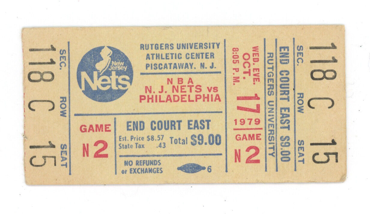 Oct. 17 1979 Phila. 76ers @ NJ Nets NBA Full Unused Ticket - Dr. J 22 points