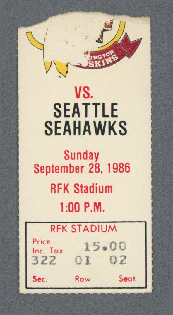 9/28/86 • Washington Redskins vs Seattle Seahawks • NFL Ticket Stub